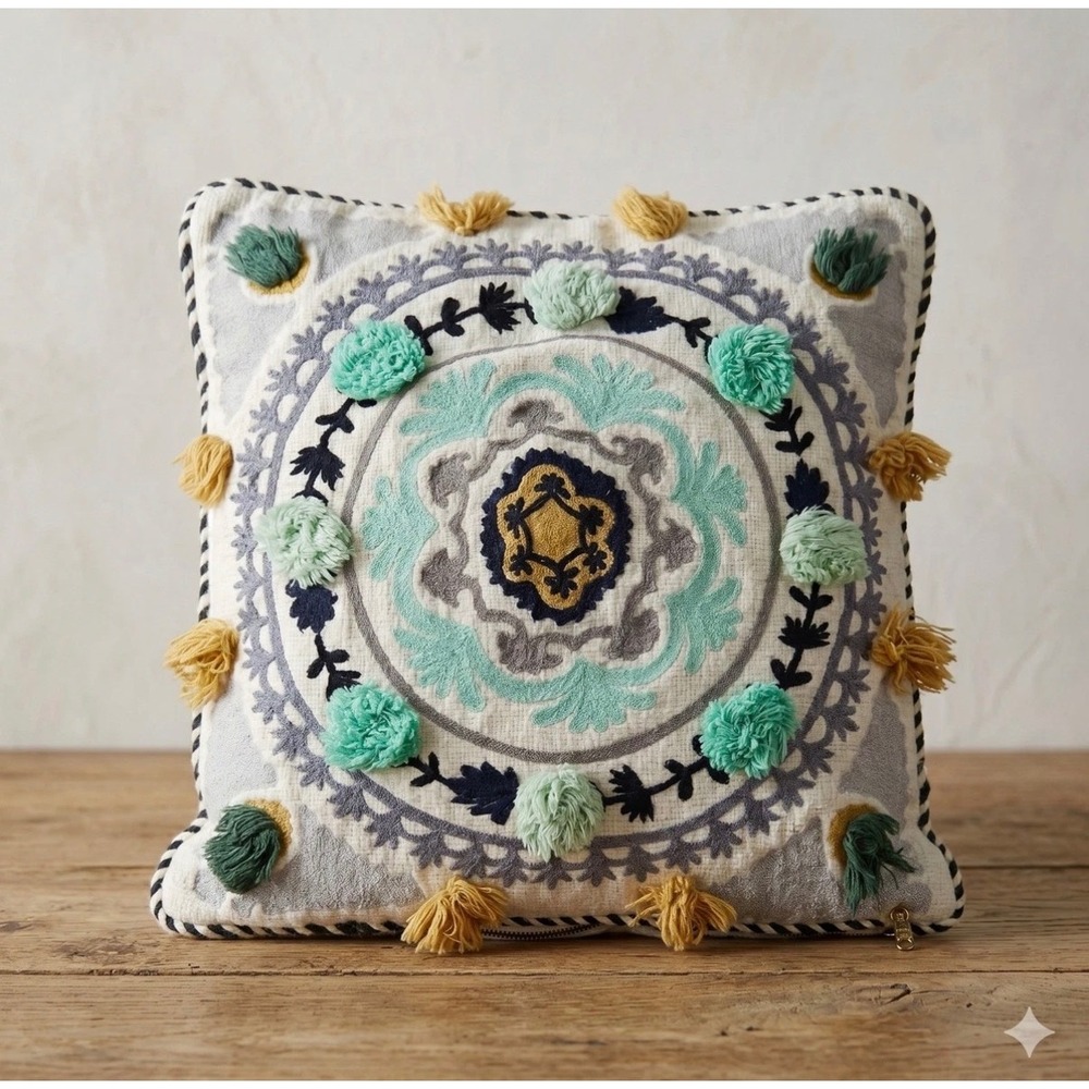 Anthropologie Embroidered Mandala Pom Pom Tassel‎ Pillow Cover 18x18 Ivory Boho